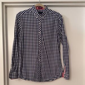 Navy and White Plaid Men's Button-Down Shirt